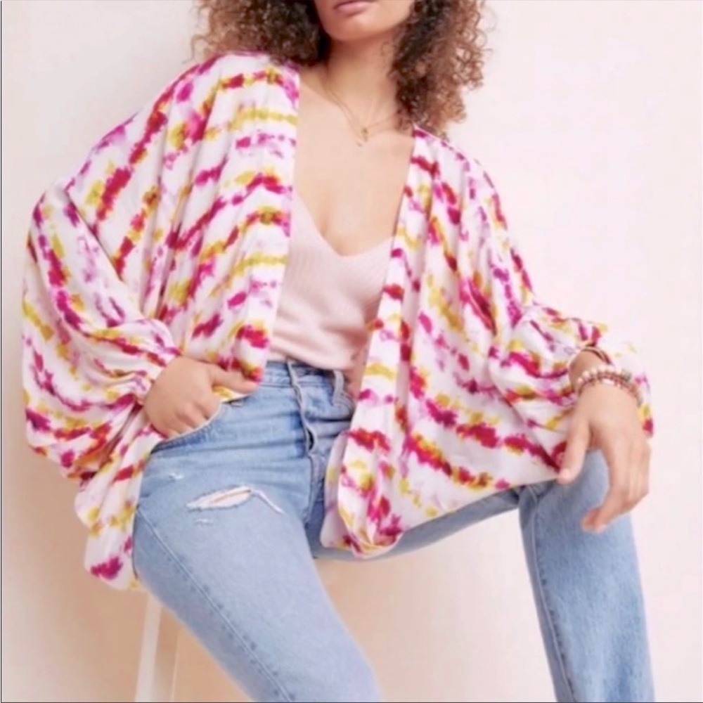 By Anthropologie Dip Tie Dye Silky Kimono Pink Combo One Size Top NEW